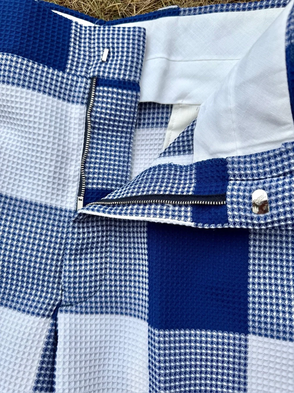 1970s CHECK GOLF PANTS Vintage Trouser Checked Blue & White Polyester Dress L